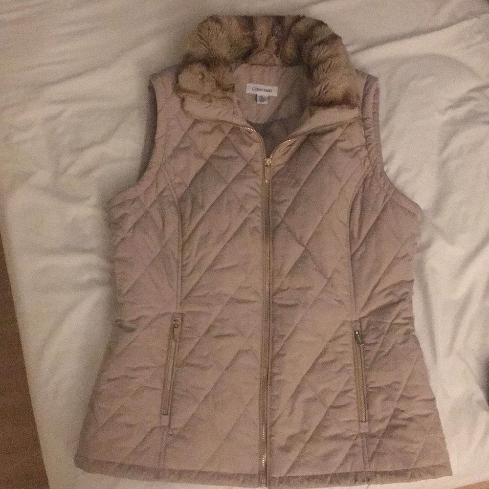 Calvin Klein fur-neck vest coat in cream